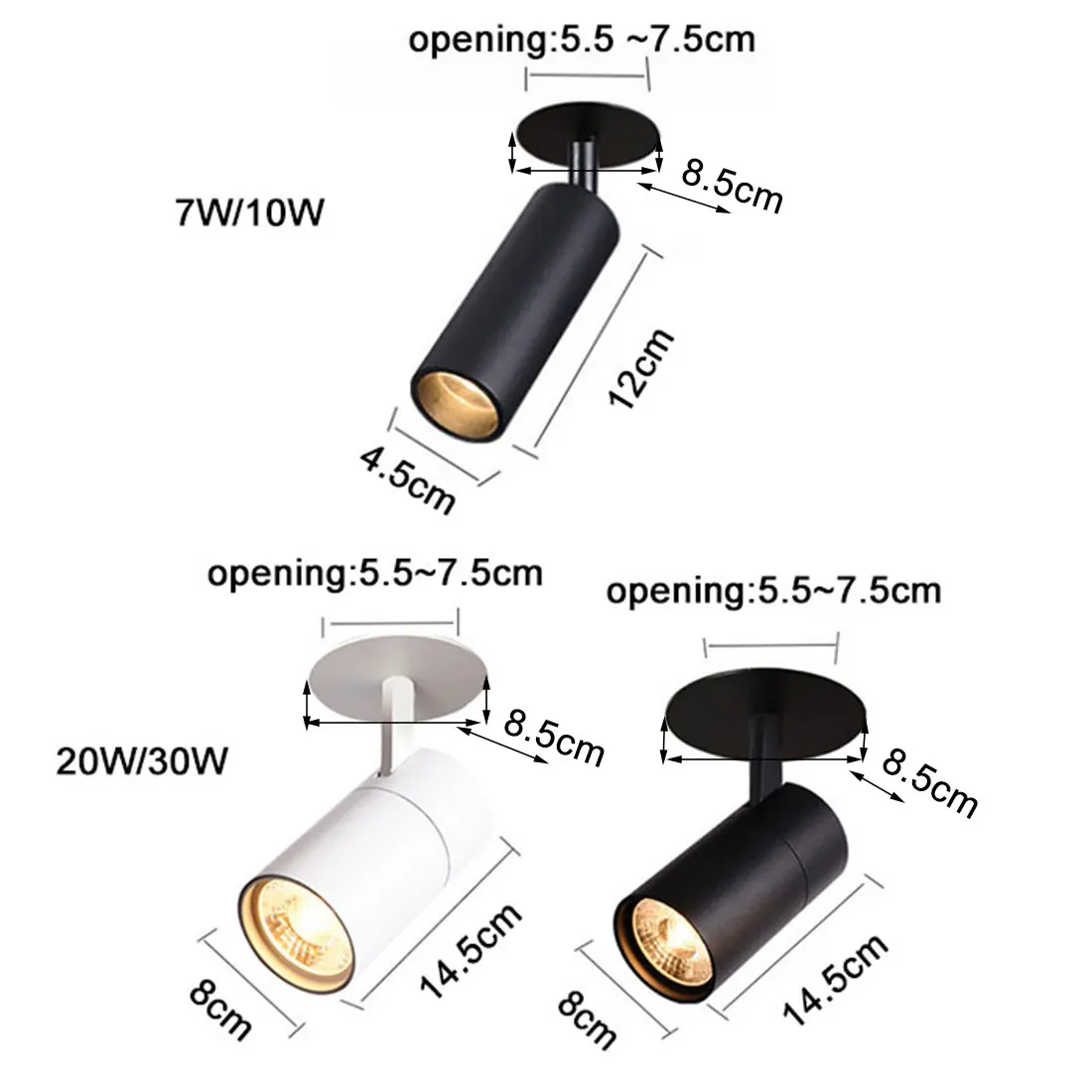 Czarno-białe LED Wpuszczane lampy sufitowe 7W 10W 20W 30W 3000K 4000K 6000K Lampa LED do kuchni Lampa sklepowa Lampa sufitowa