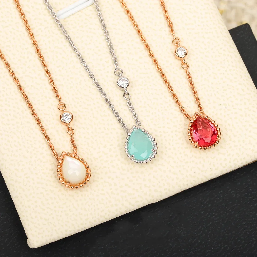 

Europe Top Quality Colored Gemstone Water Drop Pendant Rose Gold Silver Necklace Women Luxury Jewelry Trend