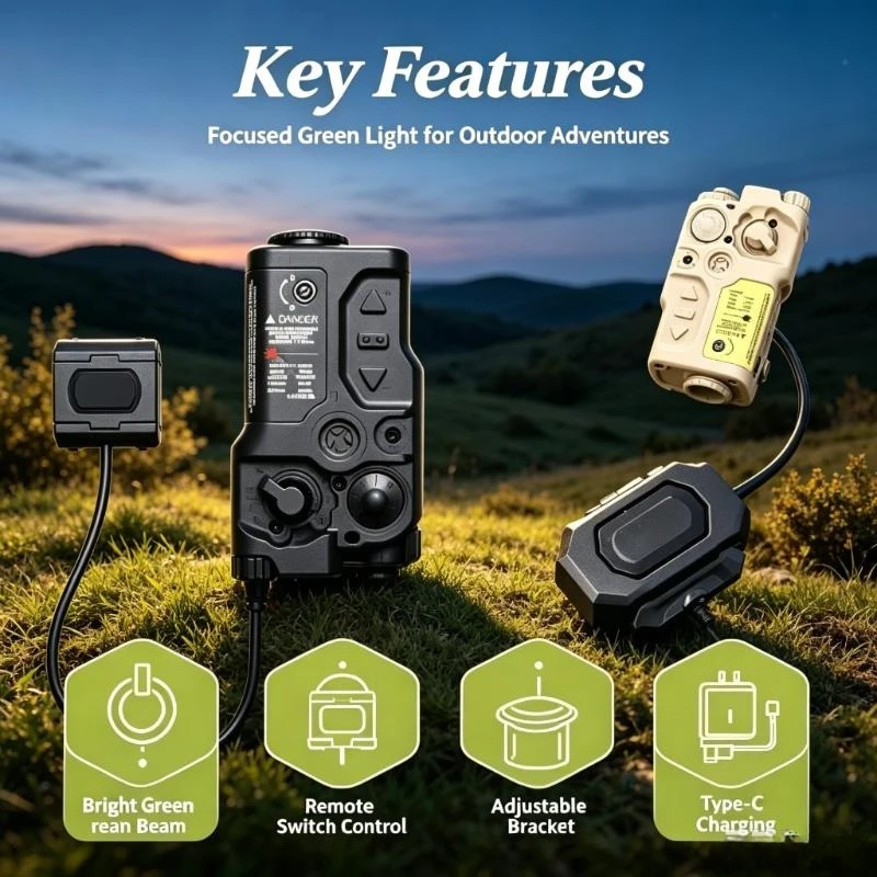 Green Beam LED Torch with Remote Switch, Bright Targeted Beam, Adjustable Bracket, Outdoor Night Trek & Camping Equipment