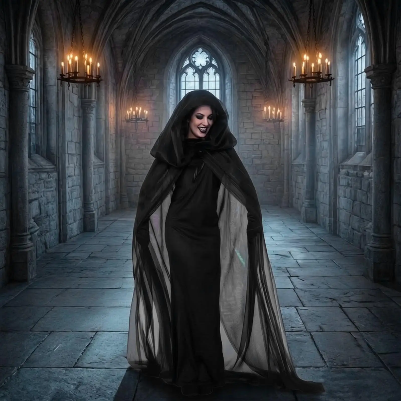 Halloween Costume for Women Hooded Cloak Long Dress with Transparent Mesh Panels and Gloves for Gothic Look