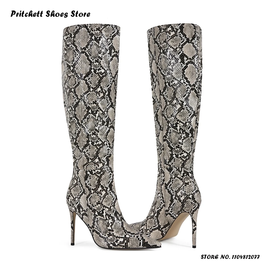 Women's Python Print Knee-high Boots Spring Autumn Daily Office Sexy Long Boots Pointed Toe Thin Heels Plus Size Footwear