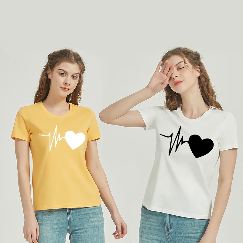 Summer Korean Loose Aesthetic Basic Tees Casual Elegant Fashion Printed T-shirt Short Sleeve Heartbeat Women Vintage Clothing