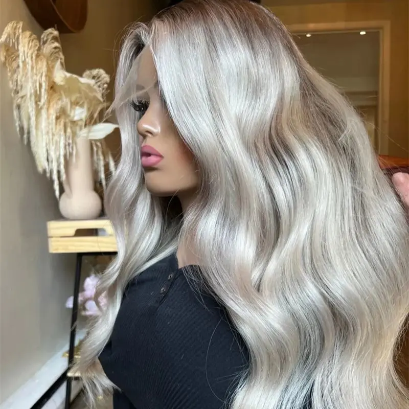 Perruque Lace Front Wig naturelle, cheveux humains, gris argent ombré, gris clair, perruque transparente, densité 180, 22 pouces, pre-plucked, pour femmes