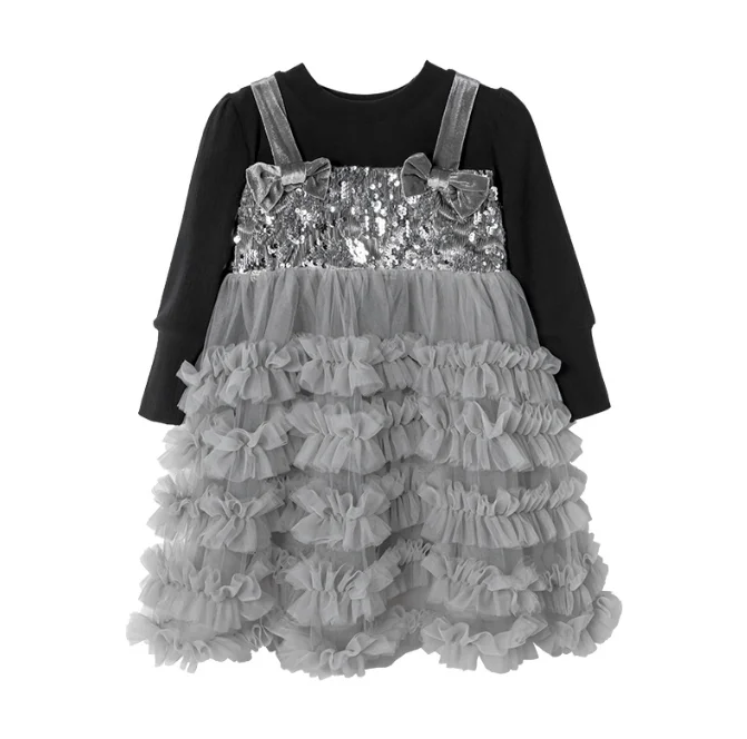 

New Baby Fall Long Sleeve Velour Bow Mesh Dress, Princess Kids Fashion Party Dresses 2-7 T