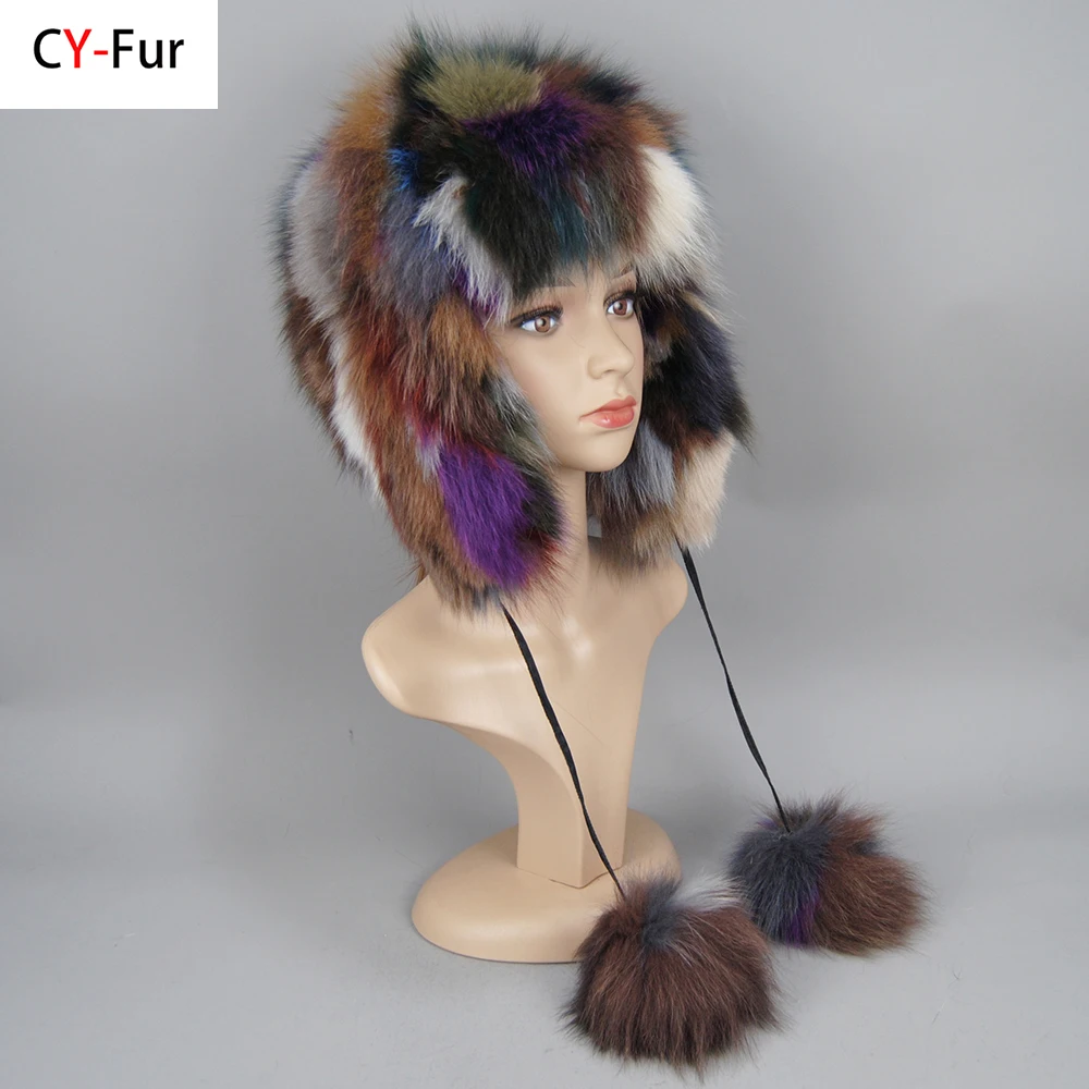 Winter Fur Hat For Women Hat With Ear Real Fox Fur Caps Russian Luxury Women Bomber Hats Bonnets Trapper Cap Camo Fox Hat