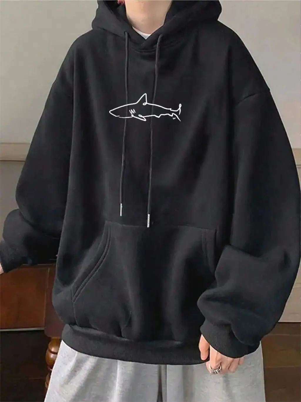 Simple Shark Printing Hoodie For Men Kangaroo Pocket Drawstring Pullovers Thermal Fleece Warm Sweatshirts Autumn Casual Clothes