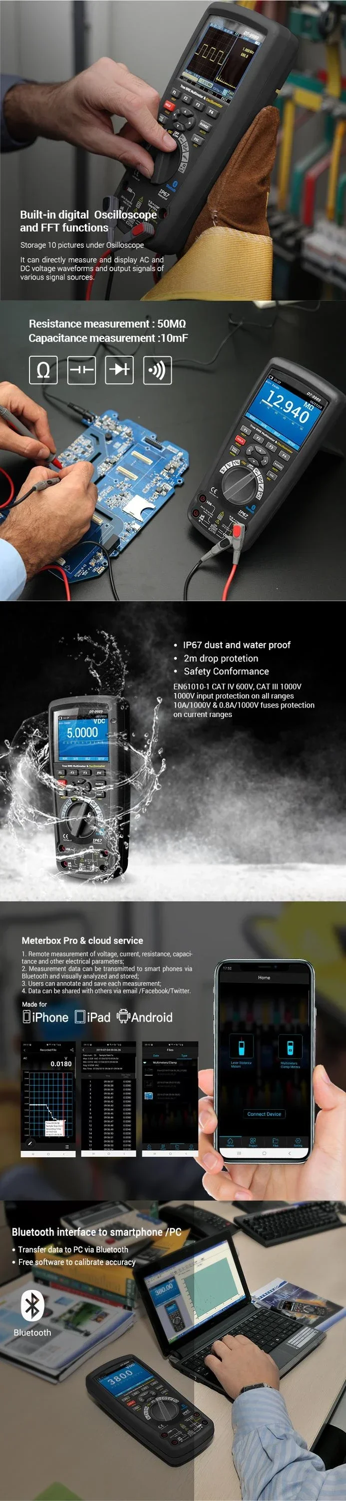 DT-9989 المهنية صحيح RMS المتعدد راسم الذبذبات الرقمي الصناعي المحمولة مع شاشة LCD ملونة TFT #4