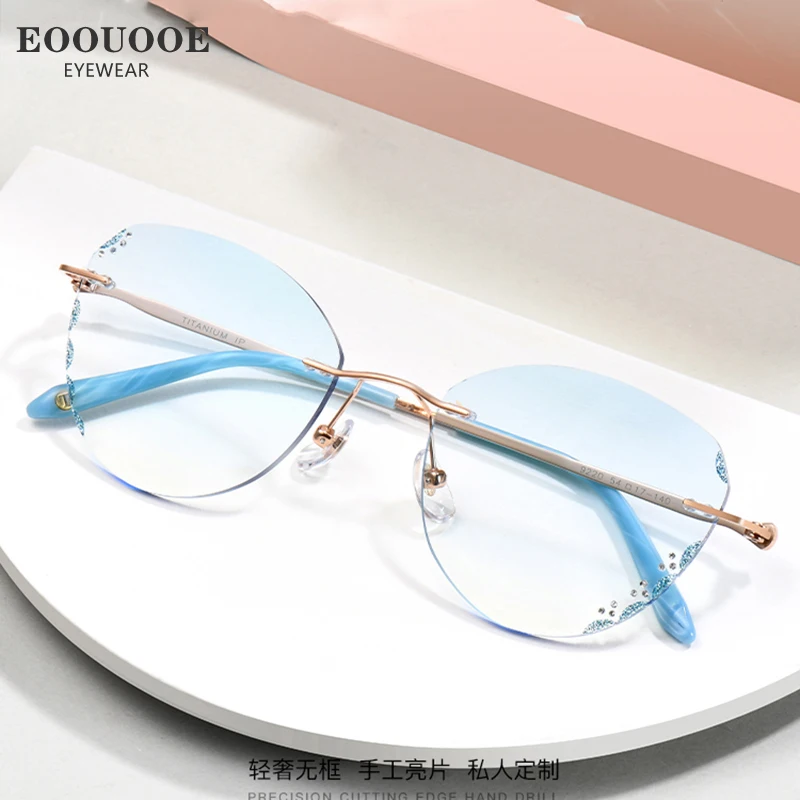 EOOUOOE Luxurian Shine Women Eyeglass Pure Titanium Glasses Frame Optics Myopia Hyperopia  Gradient Colored Lens Rimless Diamond