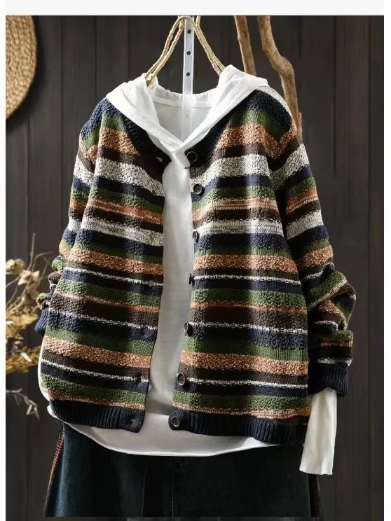 

Casual Striped Knitted Cotton Sweater Coat Color Blo Long Sve round Ne Regular Fit Autumn Winter Women's Knitwear