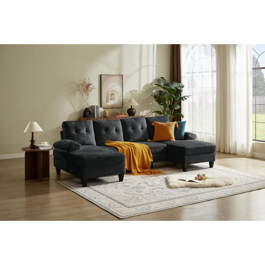 Living Room Sectional Sofa: U-Shape 4-Seat Couch with Double Chaise and Armrest, Modern Polyester Velvet Fiber, Gray