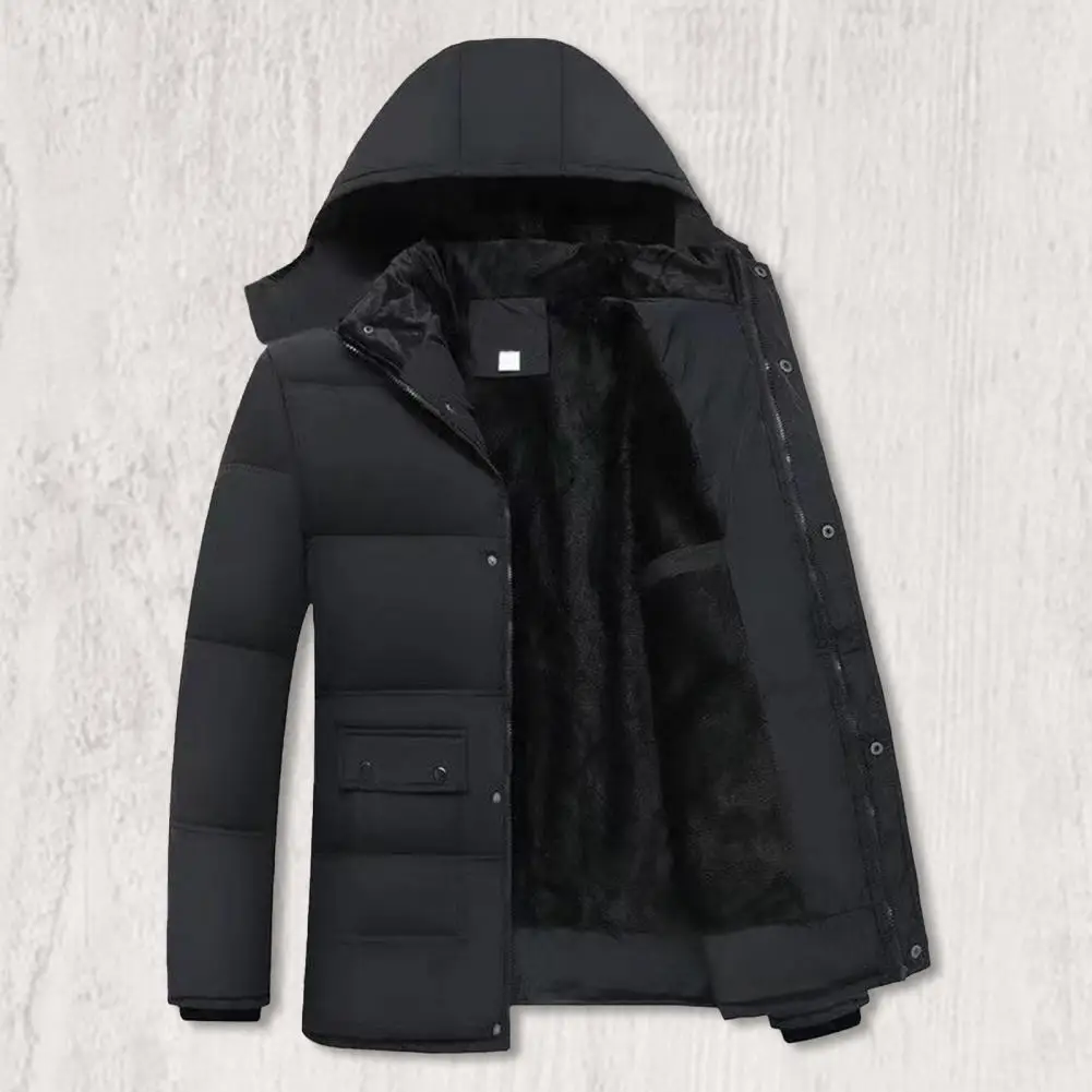 Men Cotton Coat with Pockets Men's Hooded Down Jacket with Plush Lining Windproof Design Men's Thickened Cotton Coat with Zipper