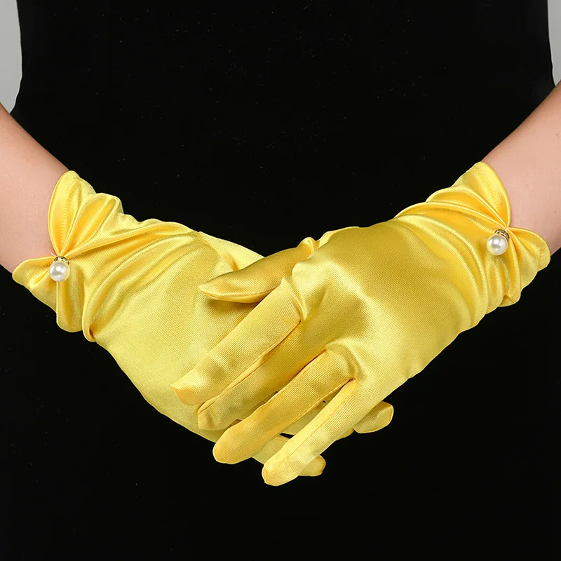 Weiße Satin-Handschuhe für Hochzeitskleider, kurze, elegante Blütenblatt-Perlen-Schleifen-Netz-Handschuhe, vielseitiges Fotozubehör, Perlen-Retro – Detail 10