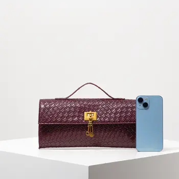 復古仿皮編織法國包,翻蓋女士手拿包,優雅晚宴包,酒紅色錢包,女士禮服派對包,婚禮用品(圖案隨機) 8 最佳銷售 紅色編織袋 - №7