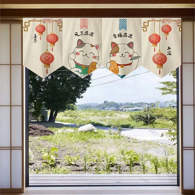 VIKAMA Cute Lucky Cat Triangle Curtain Cartoon Kitten Lantern Print Fabric Pennant Valance for Shop Window Decor