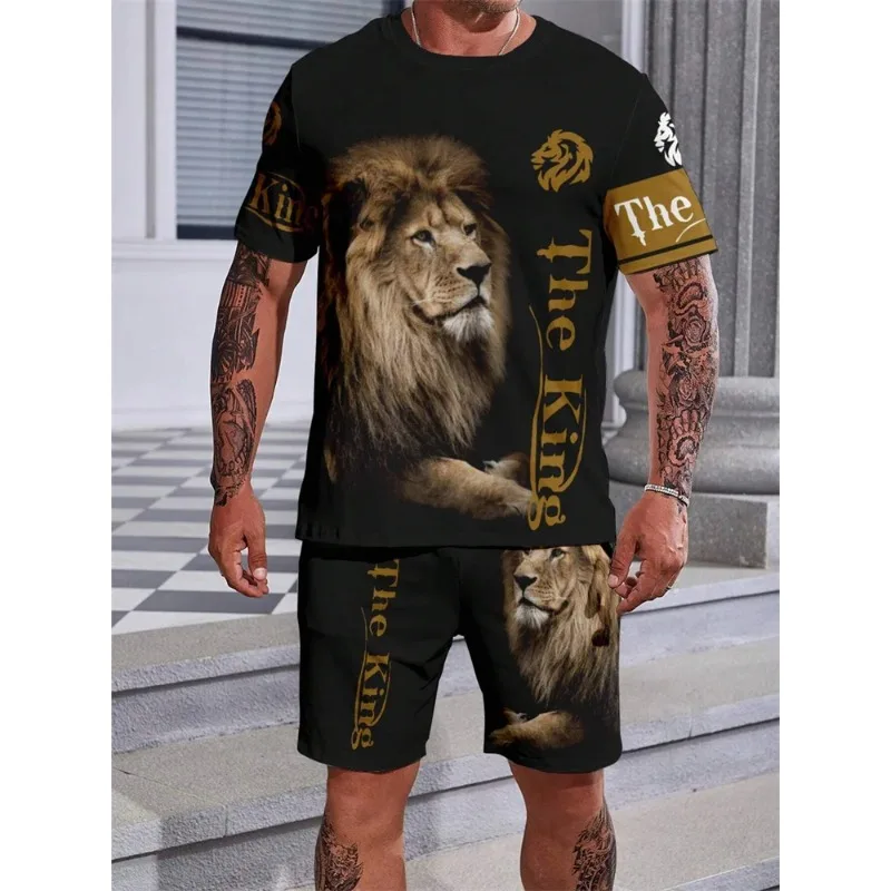 2025 New 3D Lion Printed Round Neck Short Sleeve T-shirt Fashion Shorts Set for Men's Summer Outdoor Sports Set