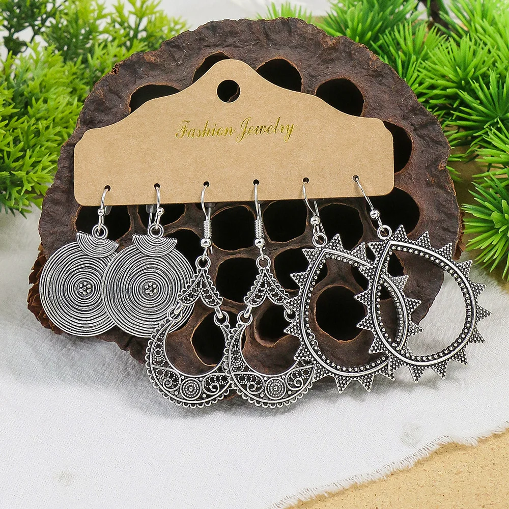 Ethnic Style Zinc Alloy Drop Earring Turquoise Combination Set Silver Plated Geometry Hollow Design Leaf Feather Shell Gift