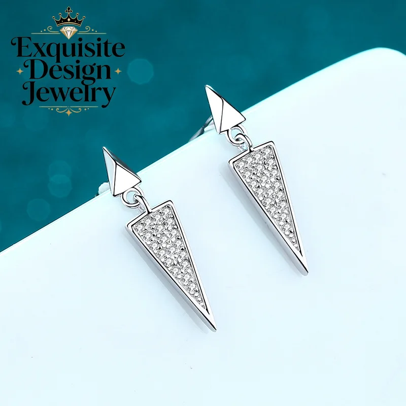 Exquisite Platinum PT950 Sparkling Triangle Full-paved Personalized Earrings, Fully-set Moissanite Ear Drops Birthday Gifts