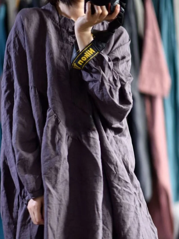 Retro Reine Farbe Taste Lose Gestickte Lange Sve Dr Frühling Herbst frauen Kleidung Pendeln Sle Casual Lange Dr