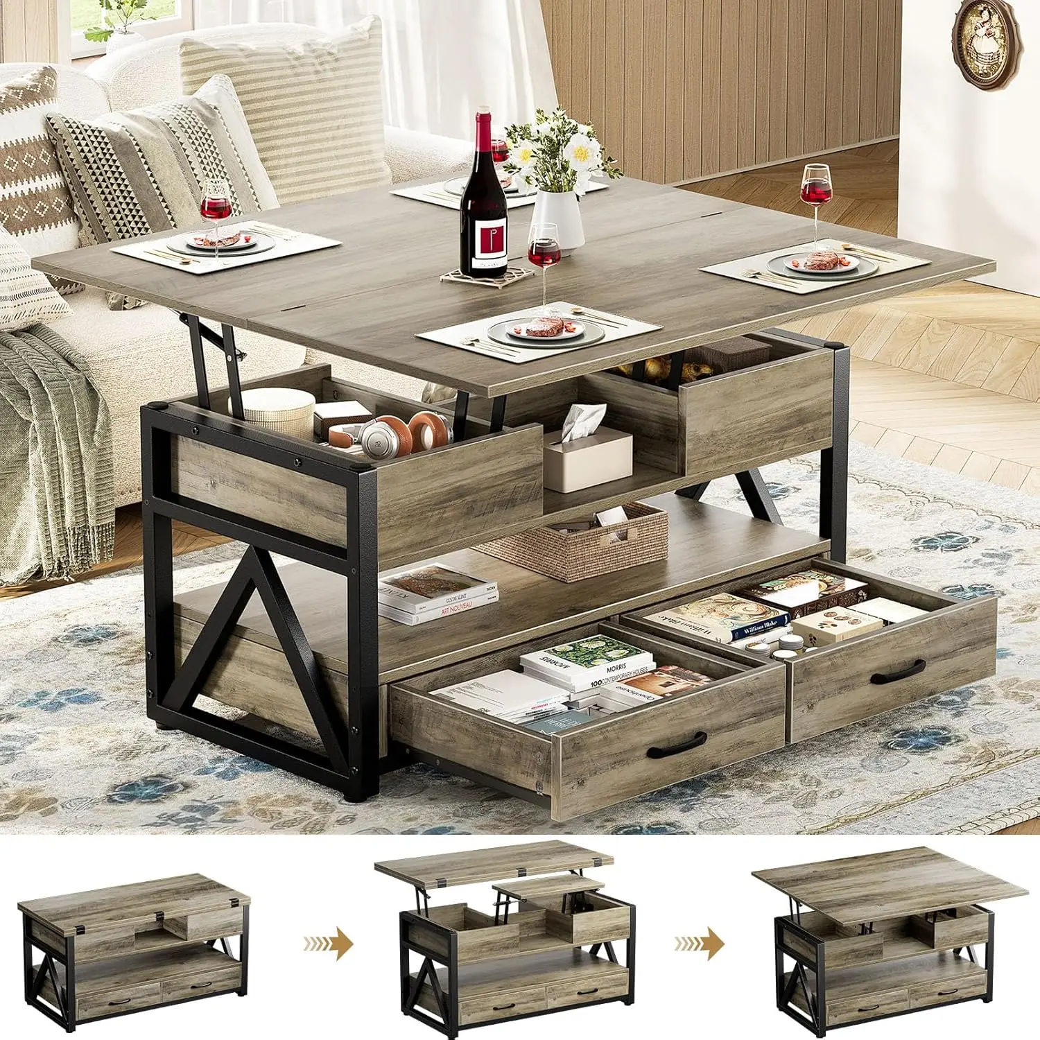 

40" Lift Top Coffee Table,4 in 1 Multi-Function w/Storage Drawers & Hidden Compartment,Farmhouse Lifting Top, Grey