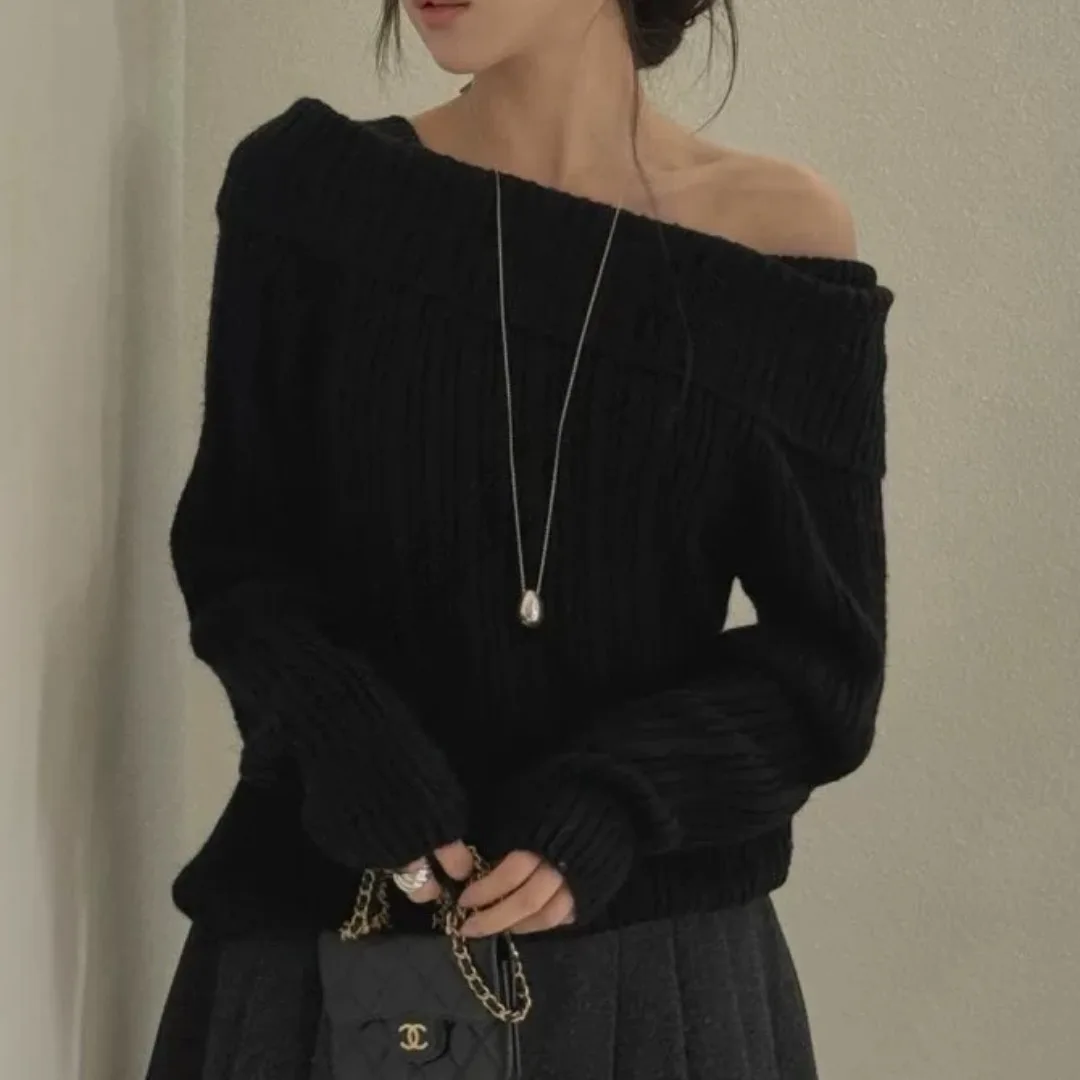 เสื้อสเวตเตอร์ถักสไตล์วินเทจสุดชิคสำหรับฤดูใบไม้ร่วงและฤดูหนาว ปกพับติดกระดุมเม็ดเดียว ทรงหลวม ใส่สบาย เหมาะกับผู้หญิง ใช้งานได้หลากหลาย