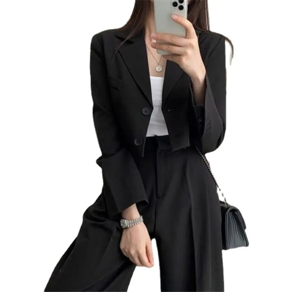 

Women's Korean Style Fashion Suit Chic Elegant High Waist Slimming Wide Leg Pants Two-Piece Set Spring Autumn Small