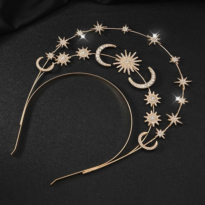 European and American Baroque Style Sun and Moon Earrings Double Layered Hexagonal Star Headband with Sparkling Diamonds