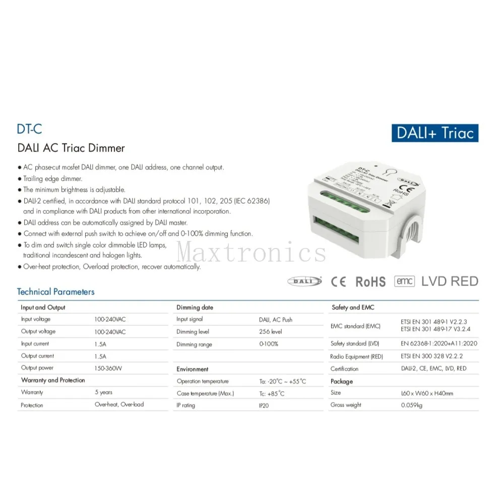 AC100-240V DALI AC Triac Dimmer Series DT/DT-B/DT-C/DT-D 1CH*1.5A for Single Color Dimmable LED Light Incandescent Lamps Switch