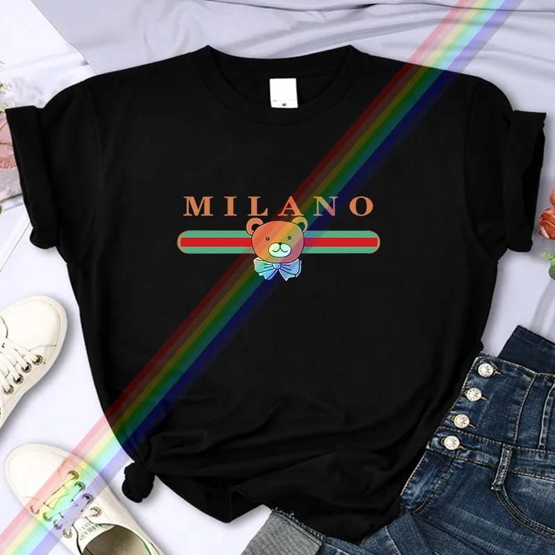 For Women's Luxury Brand High-Quality Summer MILANO Printing T-shirt 100% Cotton Casual Oversized Y2k Personality Sleeve O-neck