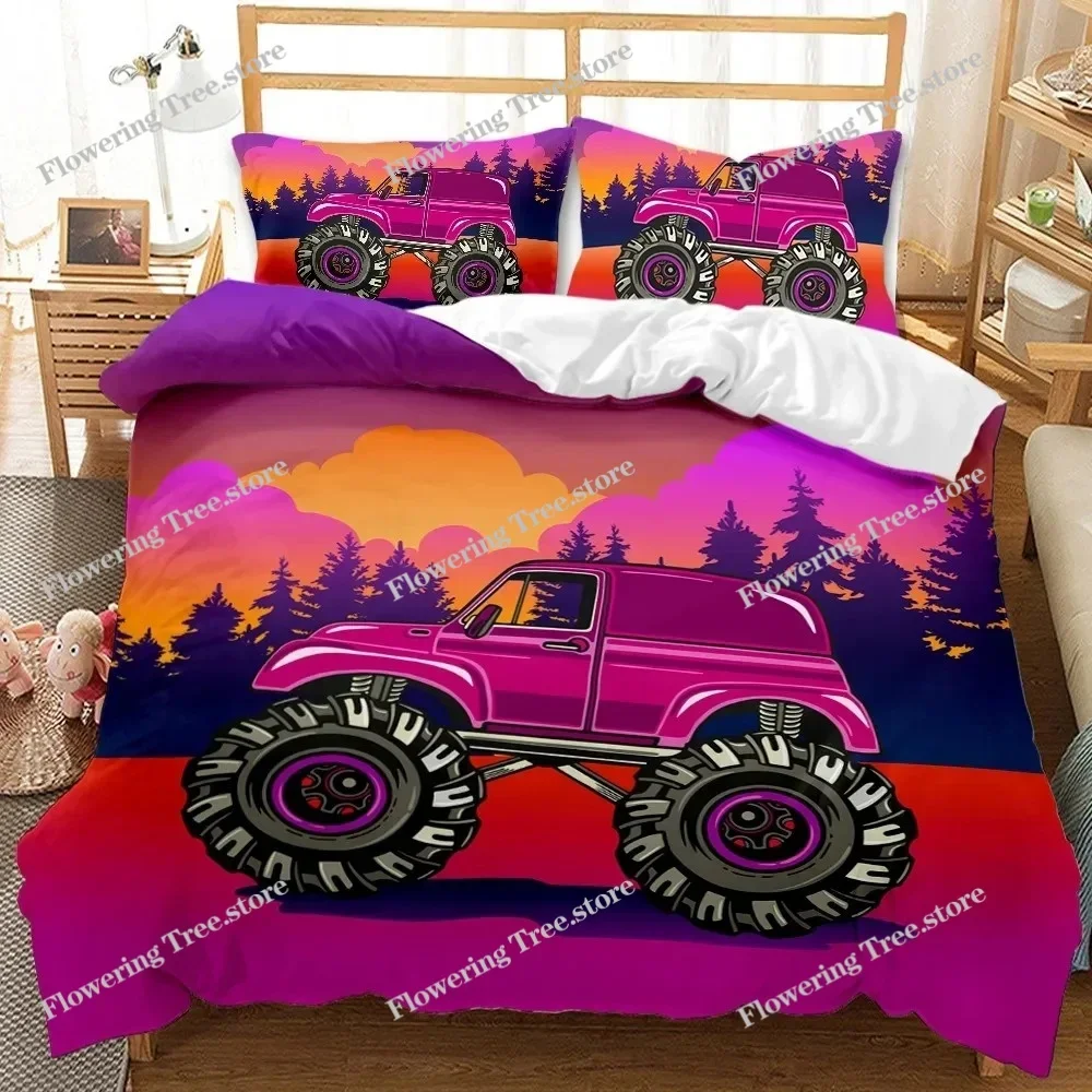 Cars Duvet Cover Set,Cartoon Monster Truck Cool Vehicle Modified To The Perfection Colorful Design,King Polyester Bedding Set