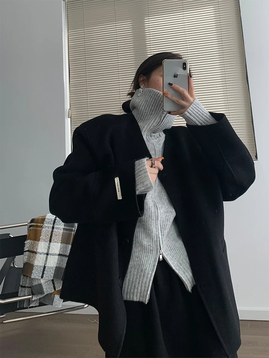 

Black Woolen Coat And Skirt Two-Piece Suit Women's Fashion Commute Style Pure Color Bubble Bling 100% Cashmere