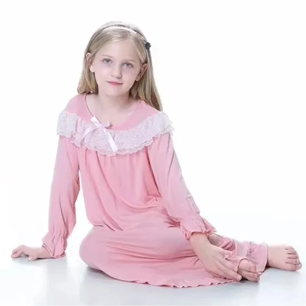 Girls Long Sleeve Nightgown Kids Pajamas White Pink Sleepwear 2024 Spring Fall 2-10-Years Children\'s Long Nightdress
