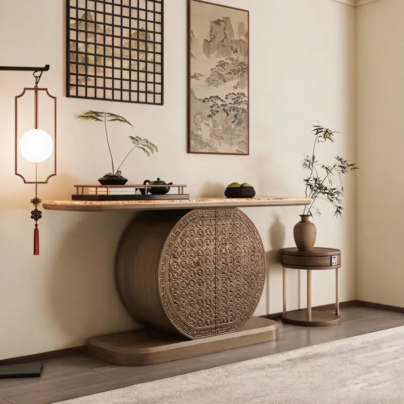 Modern Chinese and Southeast Asian Style Side Cabinet with Marble Top Ash Wood Living Room Hotel Storage Furniture