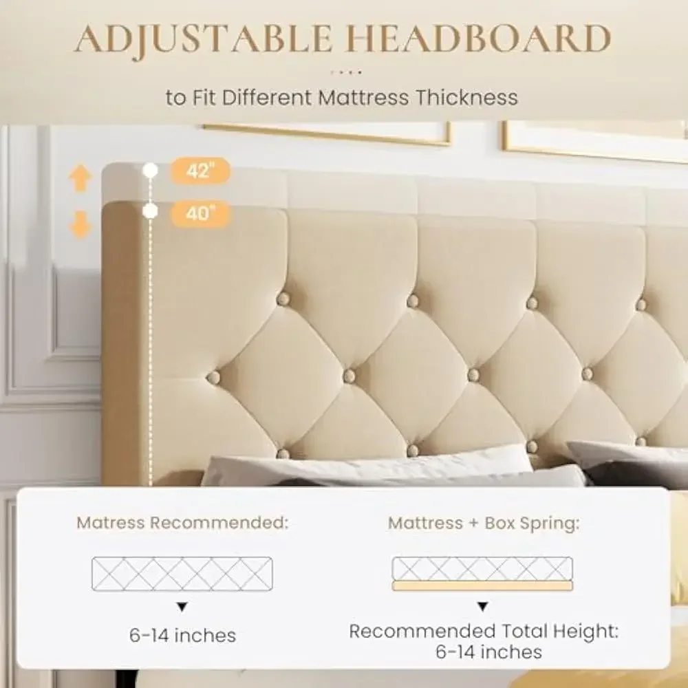 إطار سرير بحجم كوين مع 4 أدراج تخزين، لوح رأسي قابل للتعديل مع تصميم معنقدة بزر مخيط بالألماس، لا حاجة إلى صندوق زنبركي