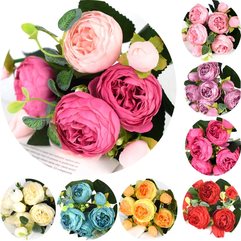 30cm Rose Pink Silk Peony Artificial Flowers Bouquet 5 Big Head and 4 Bud Cheap Fake Flowers for Home Wedding Decoration