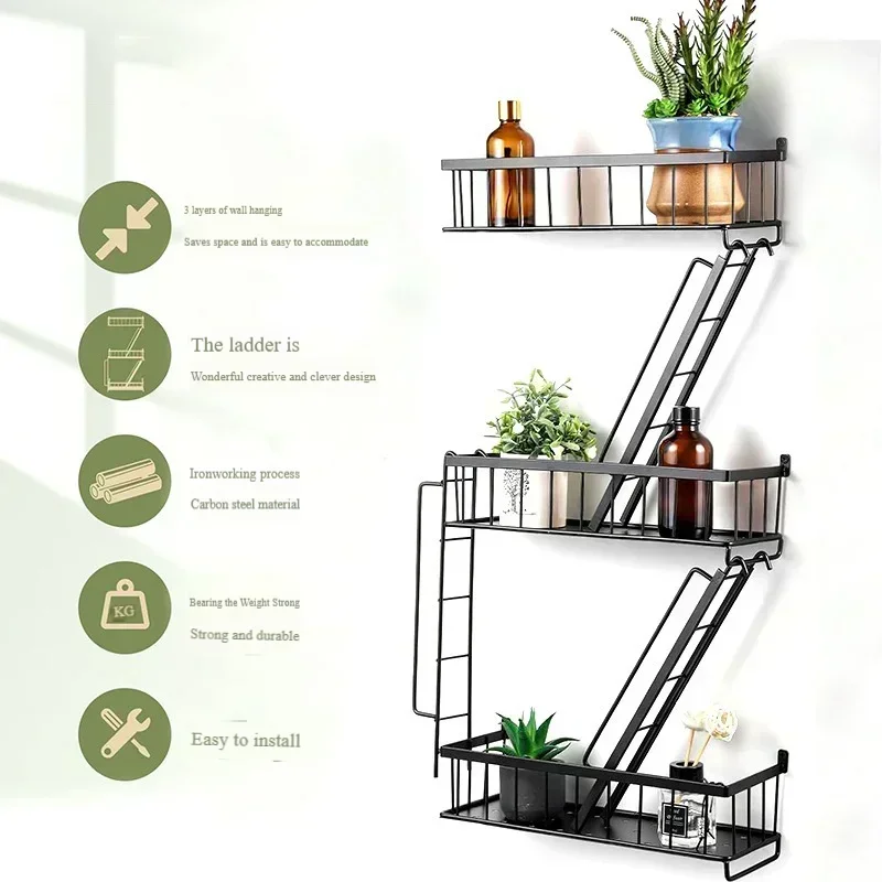 

Household Bedroom Decorative Wrought Iron Storage Rack Wall-mounted Storage Ladder Installation Storage Product Display Shelf