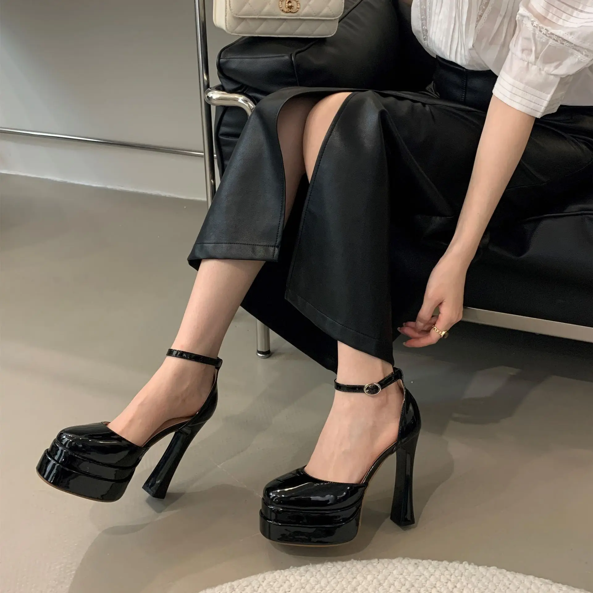 Women's 12CM Ultra High Chunky Heel Sandals 2026  Leather Platform Wedding Shoes Ankle Strap Bridal Footwear for Performance
