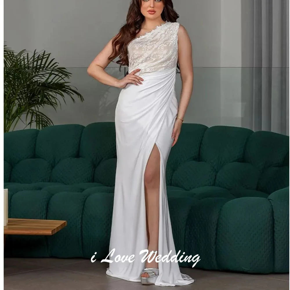 One Shoulder Chiffon Sexy Straight Backless Saudi Dress Side High Split Long Court Evening Gown with Lace Bodice Customized