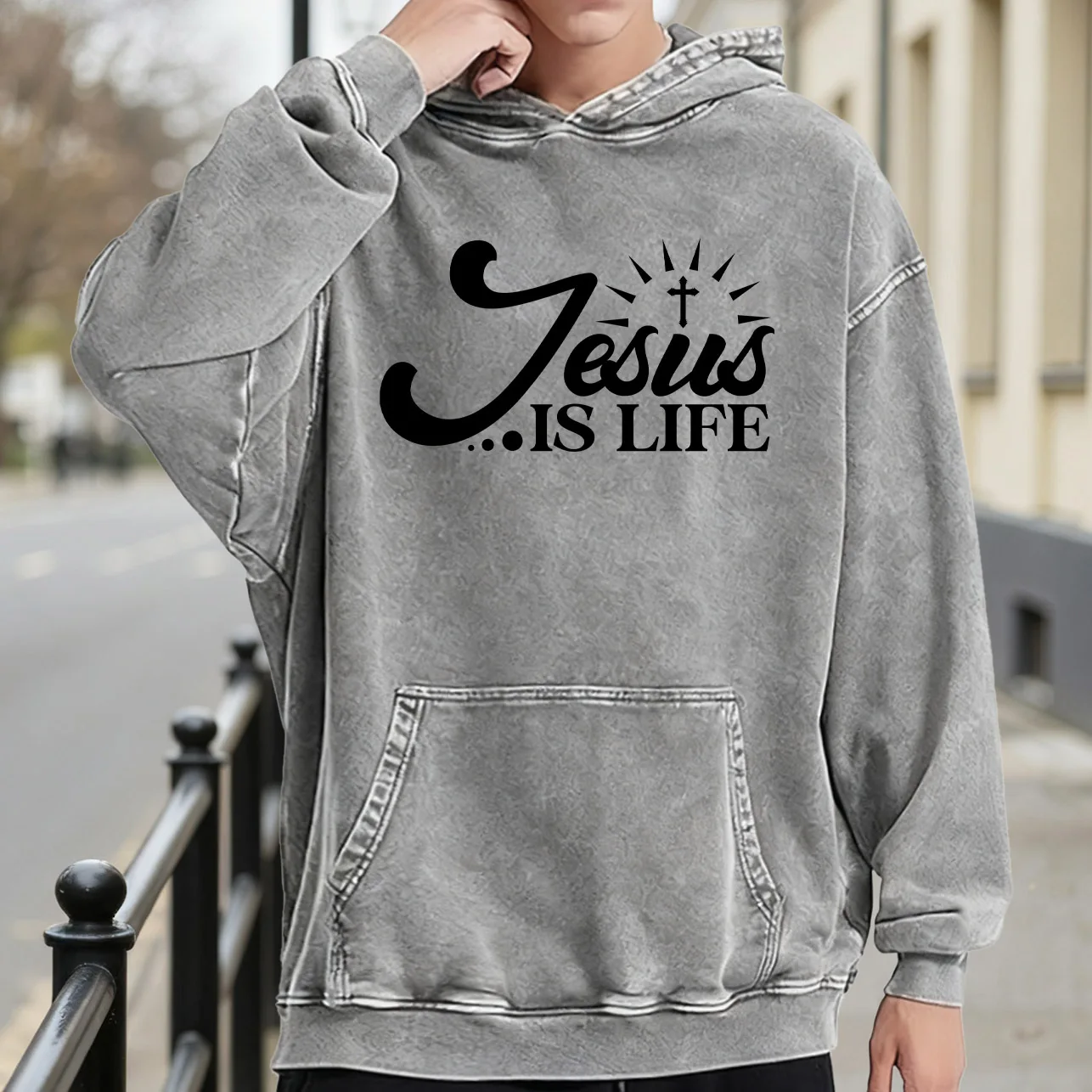 Jesus Is Life Sudadera con capucha con gráfico lavado vintage para hombre, jersey retro desgastado, sudadera informal de calle
