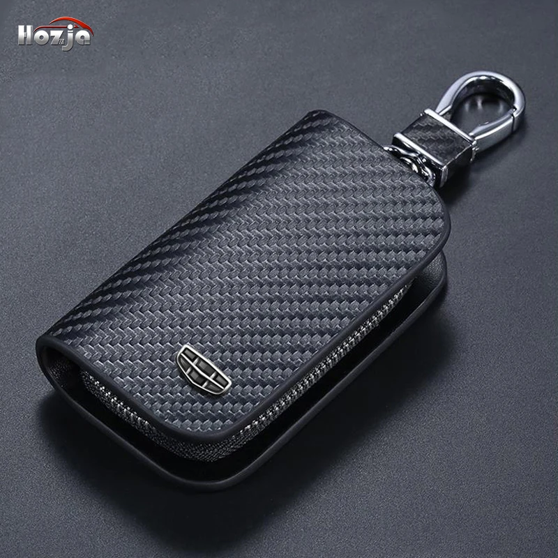 

Carbon Fiber Pattern Leather Car Key Case Zipper Key Cover for Geely Geometry C A E Tugella FY11 Coolray Escape Accessories 2024