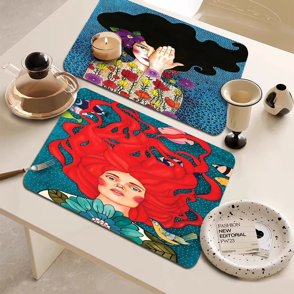 Abstract Flowers Girl Hair Kitchen Tableware Dish Drying Mats Desk Drain Pad Heat Resistant Counter Top Mat Non-slip Placemat