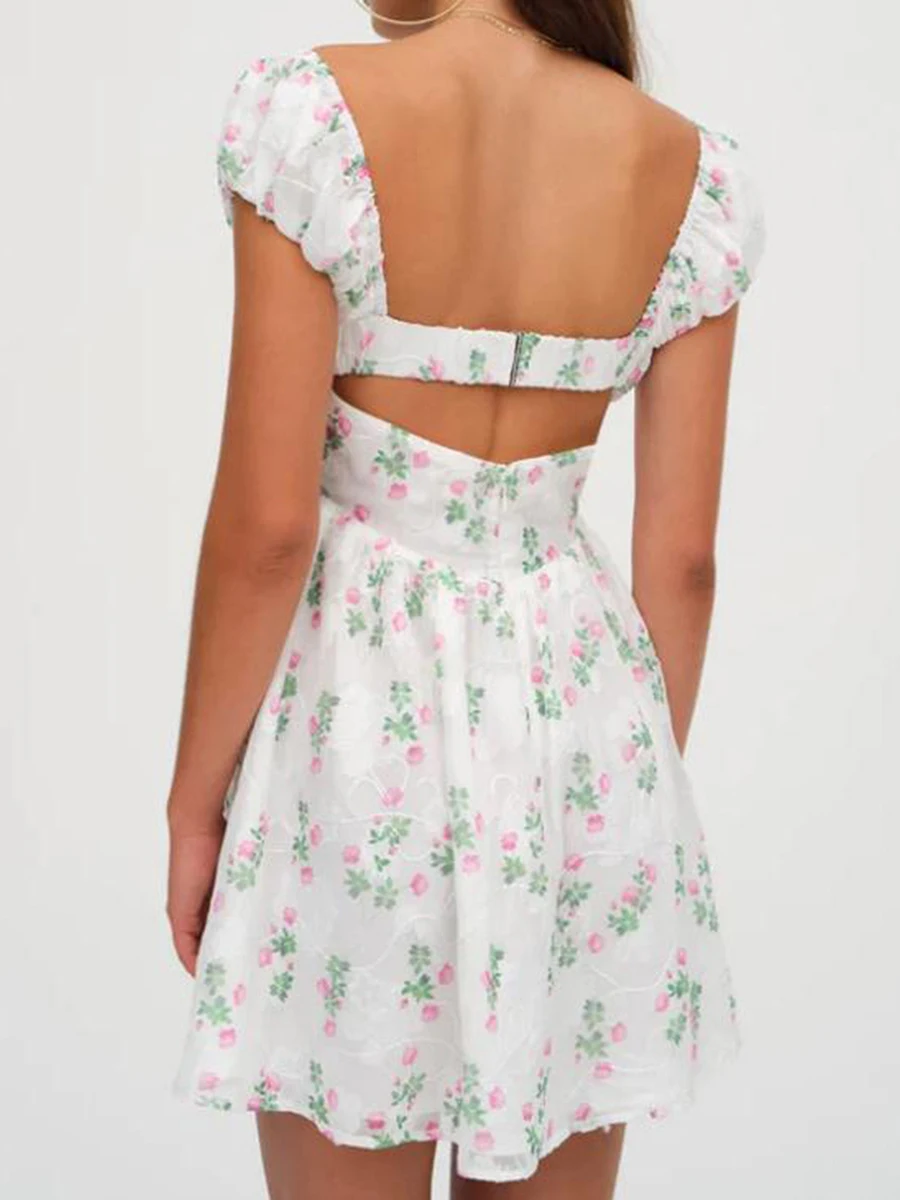 Women Mini Dress Cap Sleeve Low-cut Backless Flower Print A-line Dress Summer Dress