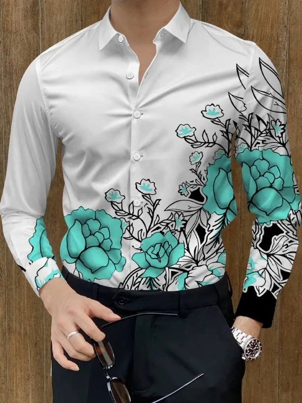 New Men's Long Sleeve Shirt Fashion Western Horse Casual Versatile Fashion 3D Flower Printed Summer Top