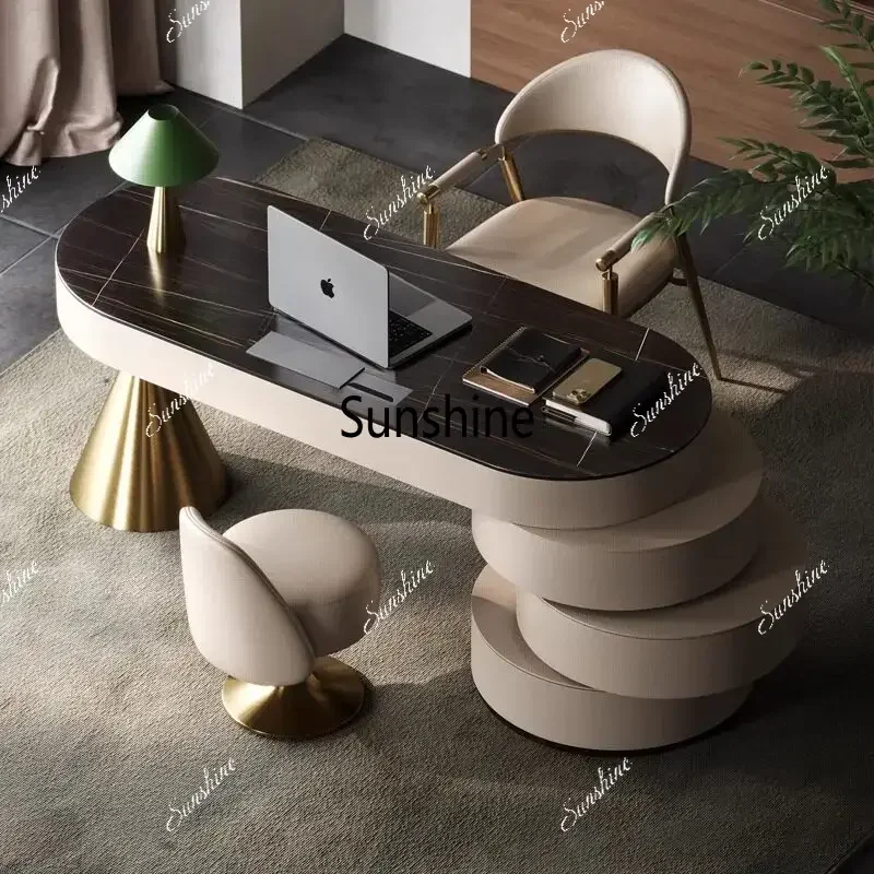 Italian Luxury Sintered Stone Desk Modern Minimalist Home Office Desk with Gold Base High-End Computer Desk for Small Apartment