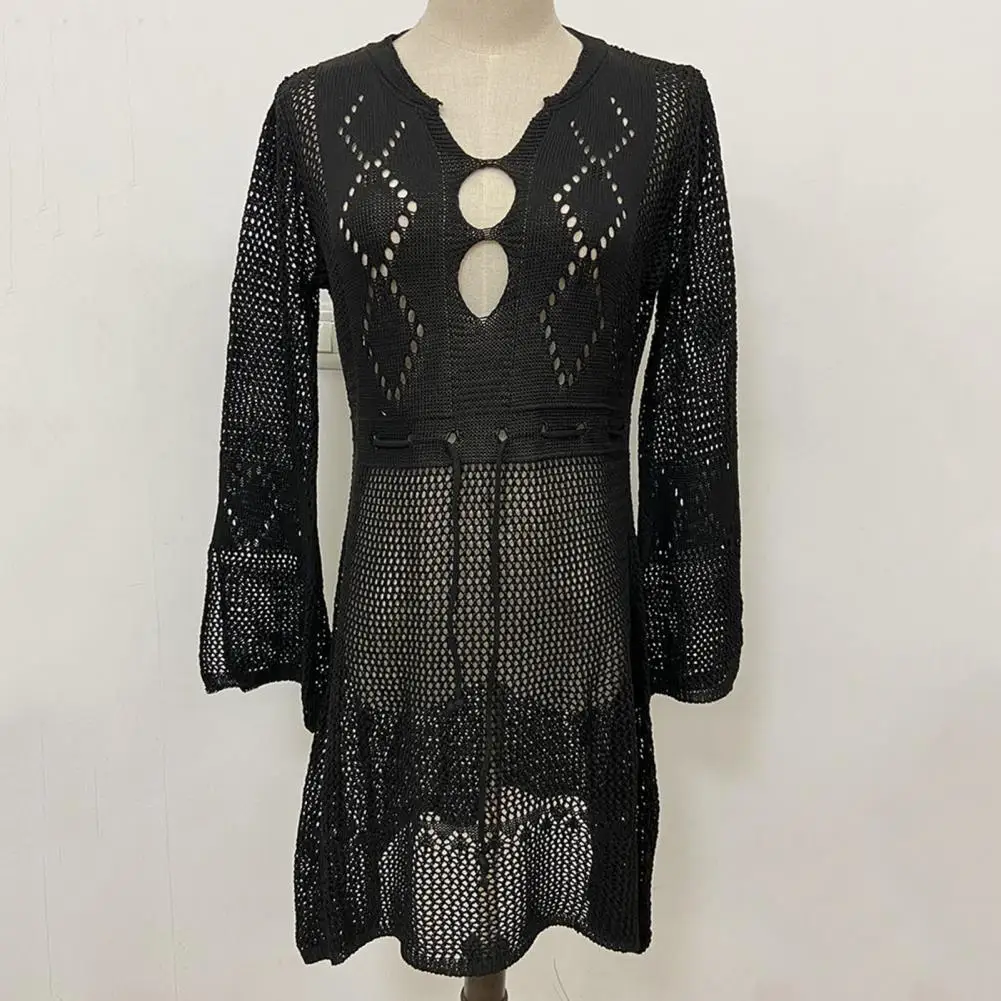 Bikini Cover-up Beach Cover Up Hollow Out Knitted Women Flared Sleeves Solid Color Beach Dress for Vacation Swimsuit