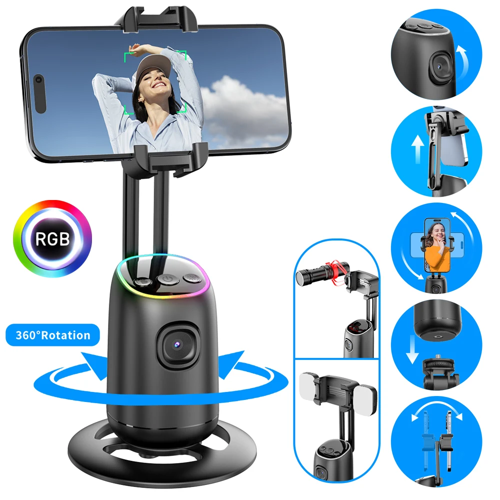 Auto Face Tracking Tripod,360°Rotation Tracking Gesture Control Stand,SmartPhone Camera Stand,With RGB Light for Video Recording