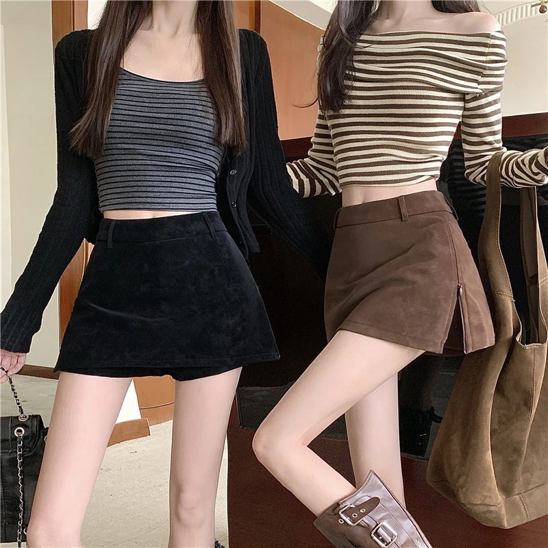 2026 Autumn Winter High Waist Slim Short Skirt for Women Split Hem Zipper Has Inner Shorts A-line Skirt Office Charming