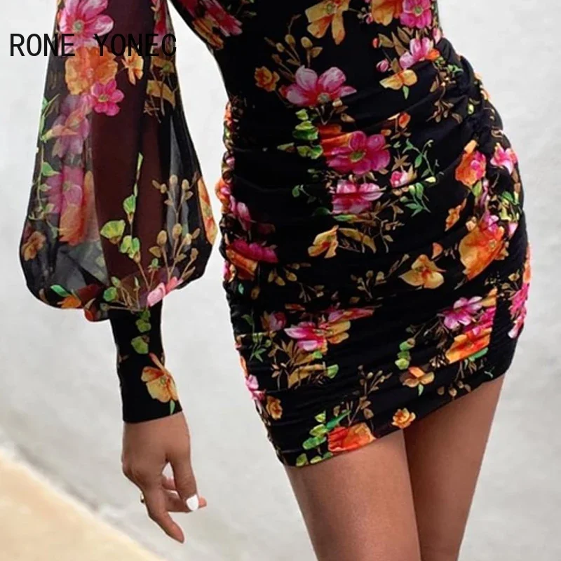 Women Floral Print V-neck Lantern Sleeve Tight Waist Dress Vacation Dress 2021