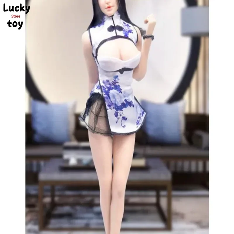 1/6 Scale Female Model Colothes Blue Printed Cheongsam for 12