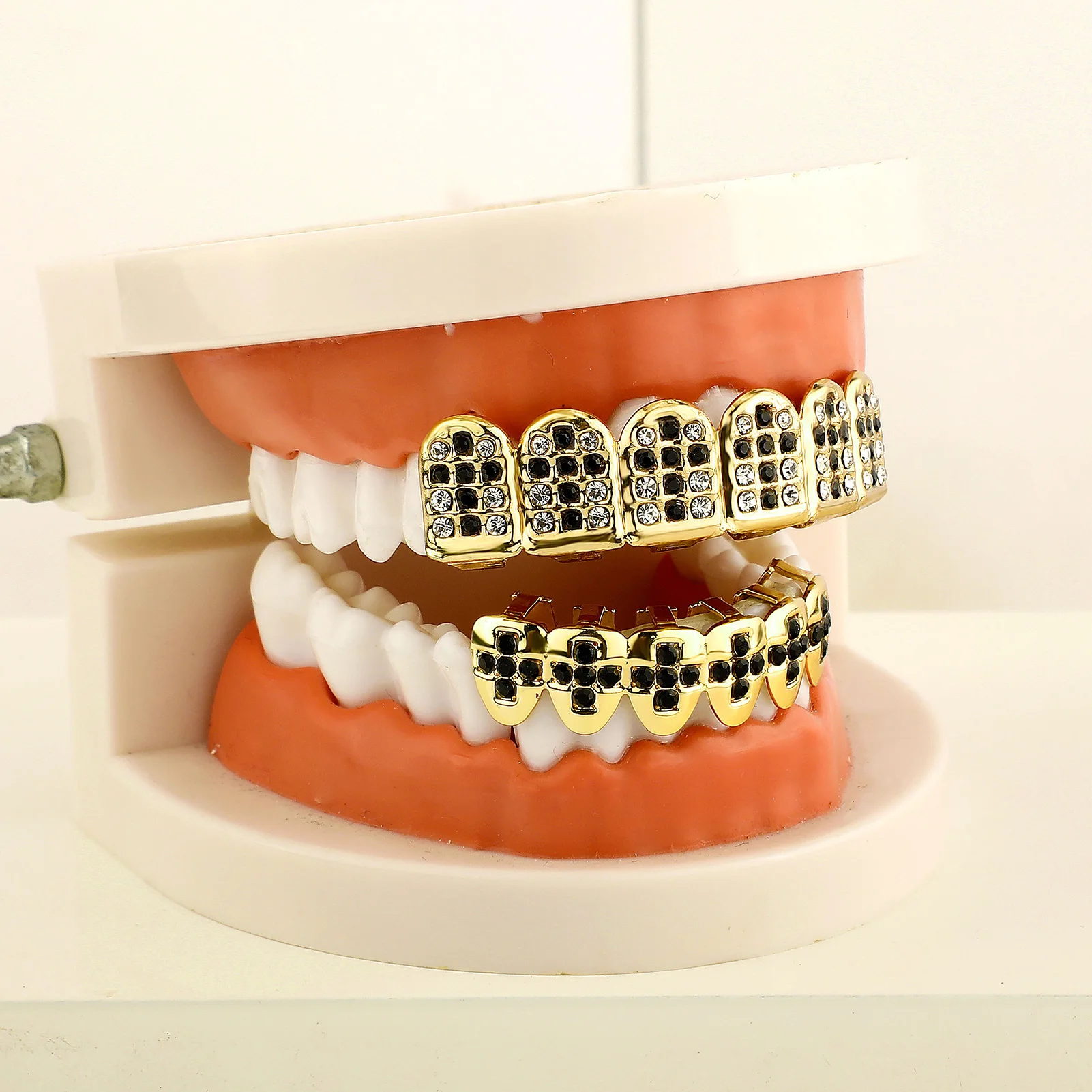 TOPGRILLZ Iced Out Black Cross Rhinestone Teeth Grillz Braces Top & Bottom Tooth Caps For Women Men Mouth Jewelry Gift view 2