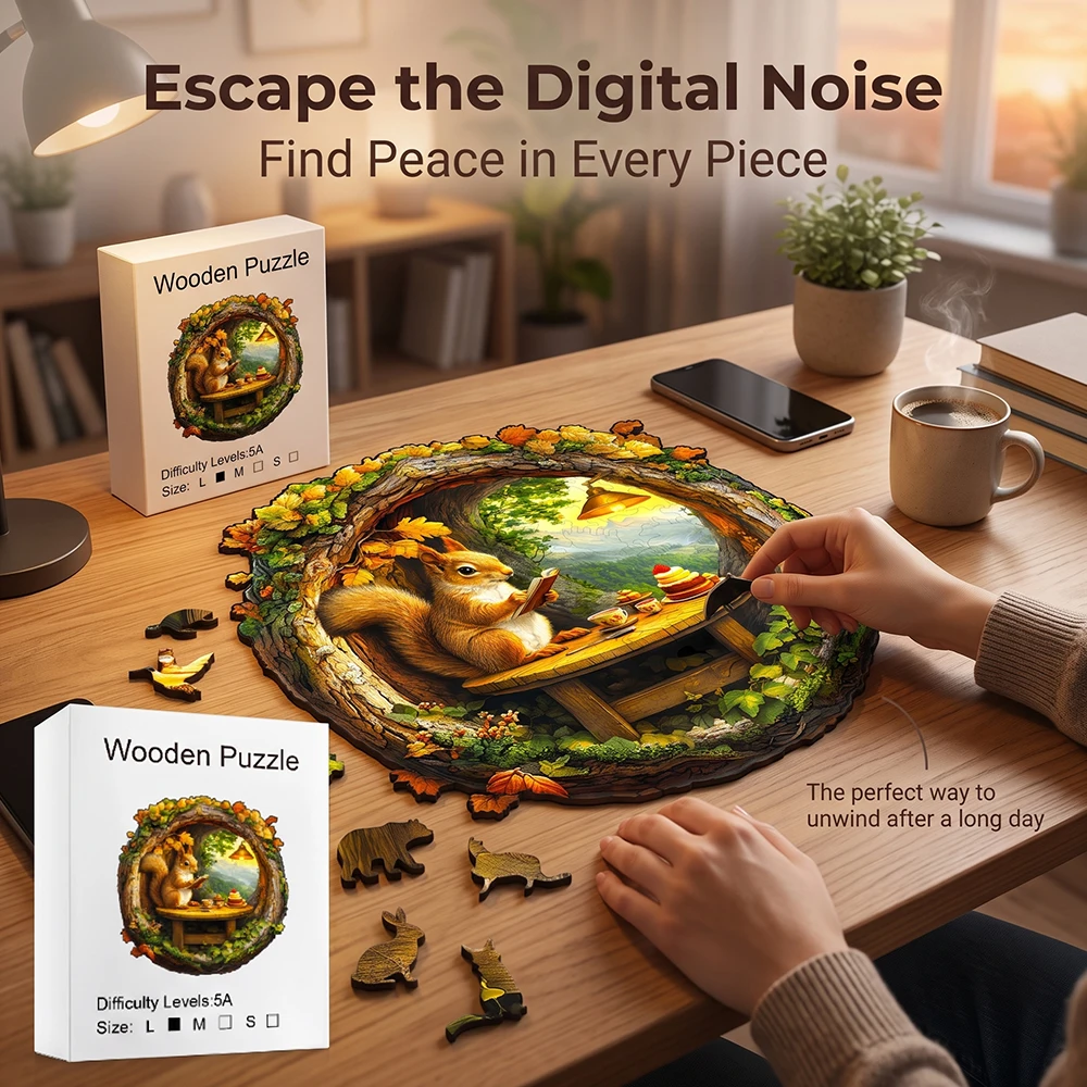 Cute Autumn Squirrel Tree Hollow Wooden Jigsaw Puzzle Unique Irregular Animal Shaped Pieces 5A Difficulty Eco Wood Stress Relief Game For Adults Kids Home Wall Decor Christmas Birthday Gift